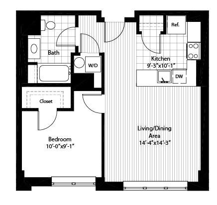 Floor plan for 1 bed, 1 bath, 678 sqft